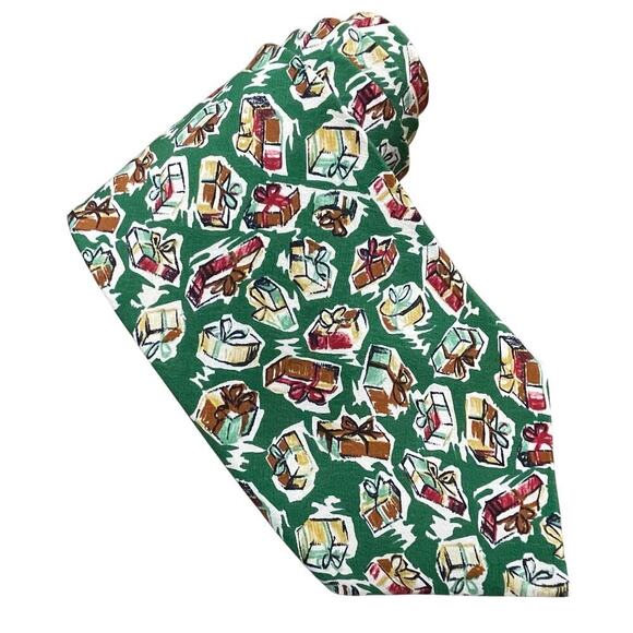Burberrys of London Vintage Silk Tie Green‎ Wrapped Gifts Motif 3 7/8” Wide - Picture 1 of 7